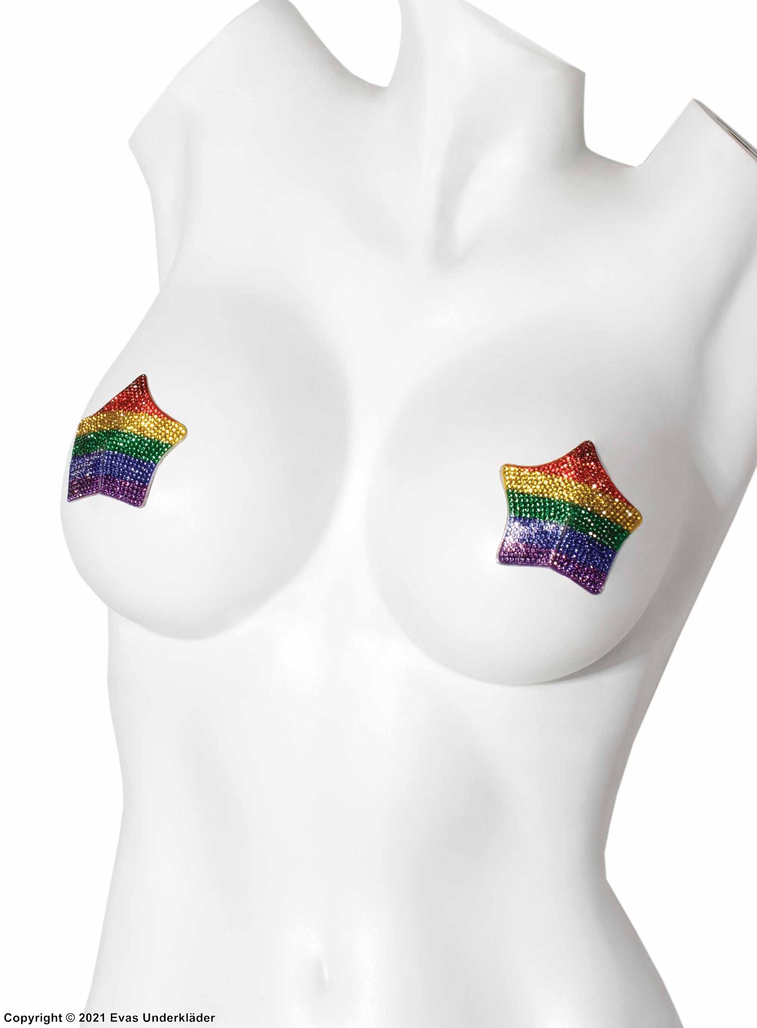Self-adhesive nipple cover/patch, rhinestones, stars, rainbow color